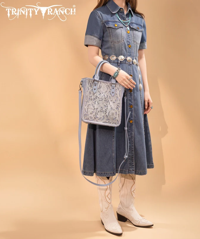 Trinity Ranch Western Floral Tooled Tote Bag - Blue