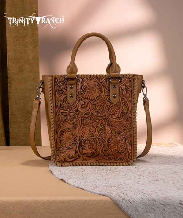 Trinity Ranch Western Floral Tooled Tote Bag - Brown