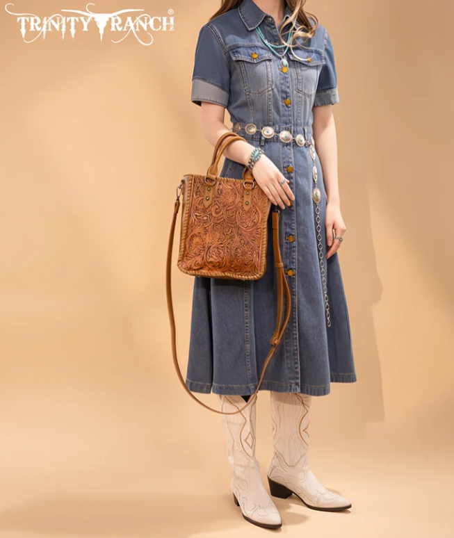 Trinity Ranch Western Floral Tooled Tote Bag - Brown