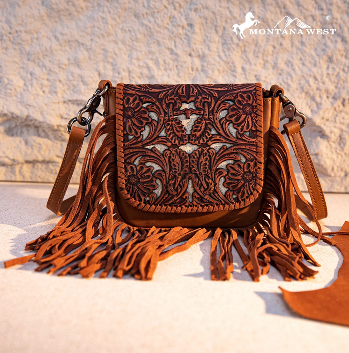 Montana West Genuine Leather Tooled Fringe Crossbody - Brown