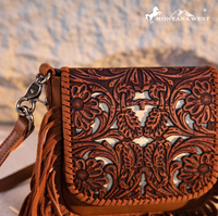 Montana West Genuine Leather Tooled Fringe Crossbody - Brown