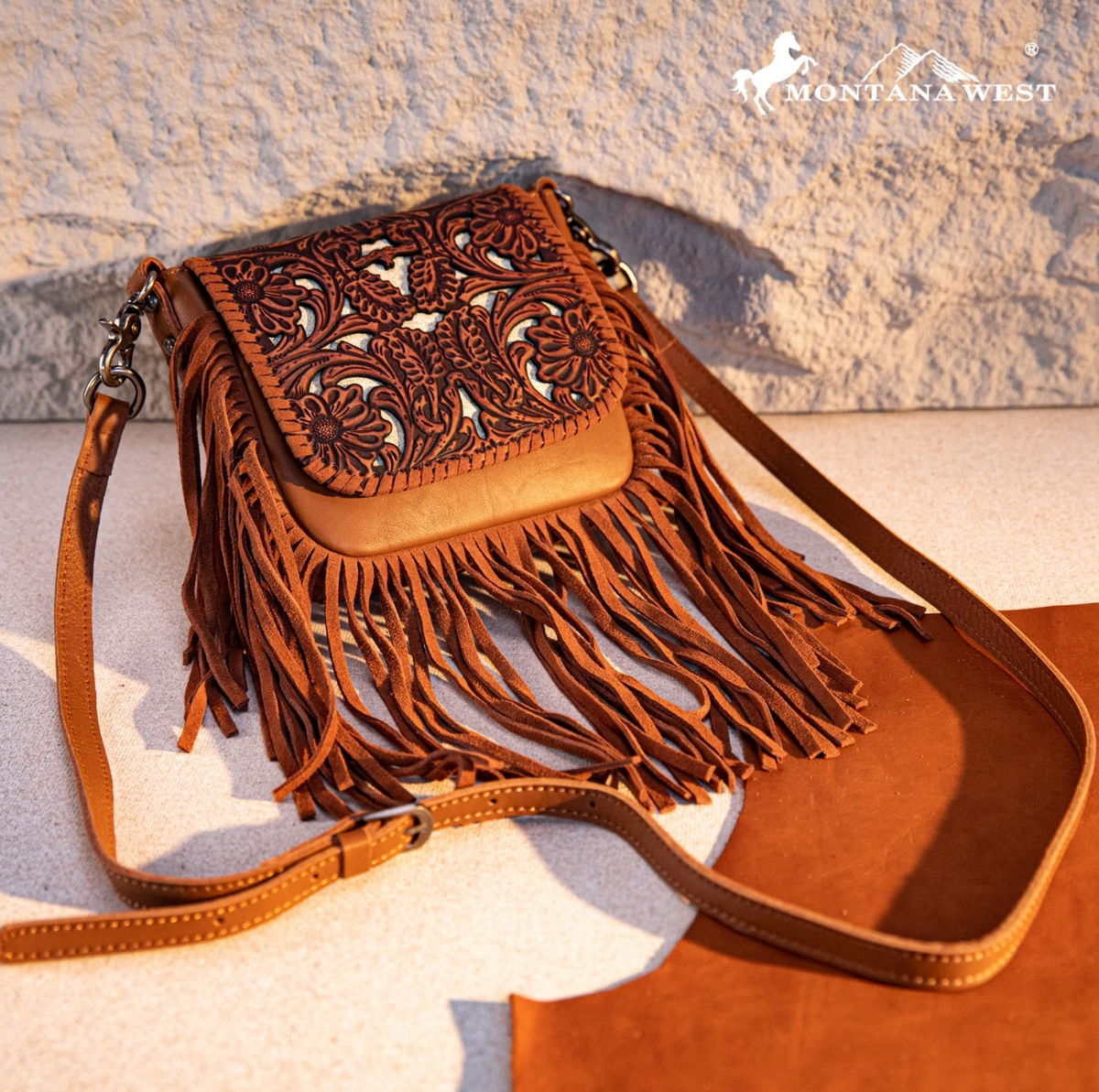 Montana West Genuine Leather Tooled Fringe Crossbody - Brown