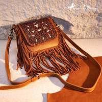 Montana West Genuine Leather Tooled Fringe Crossbody - Brown