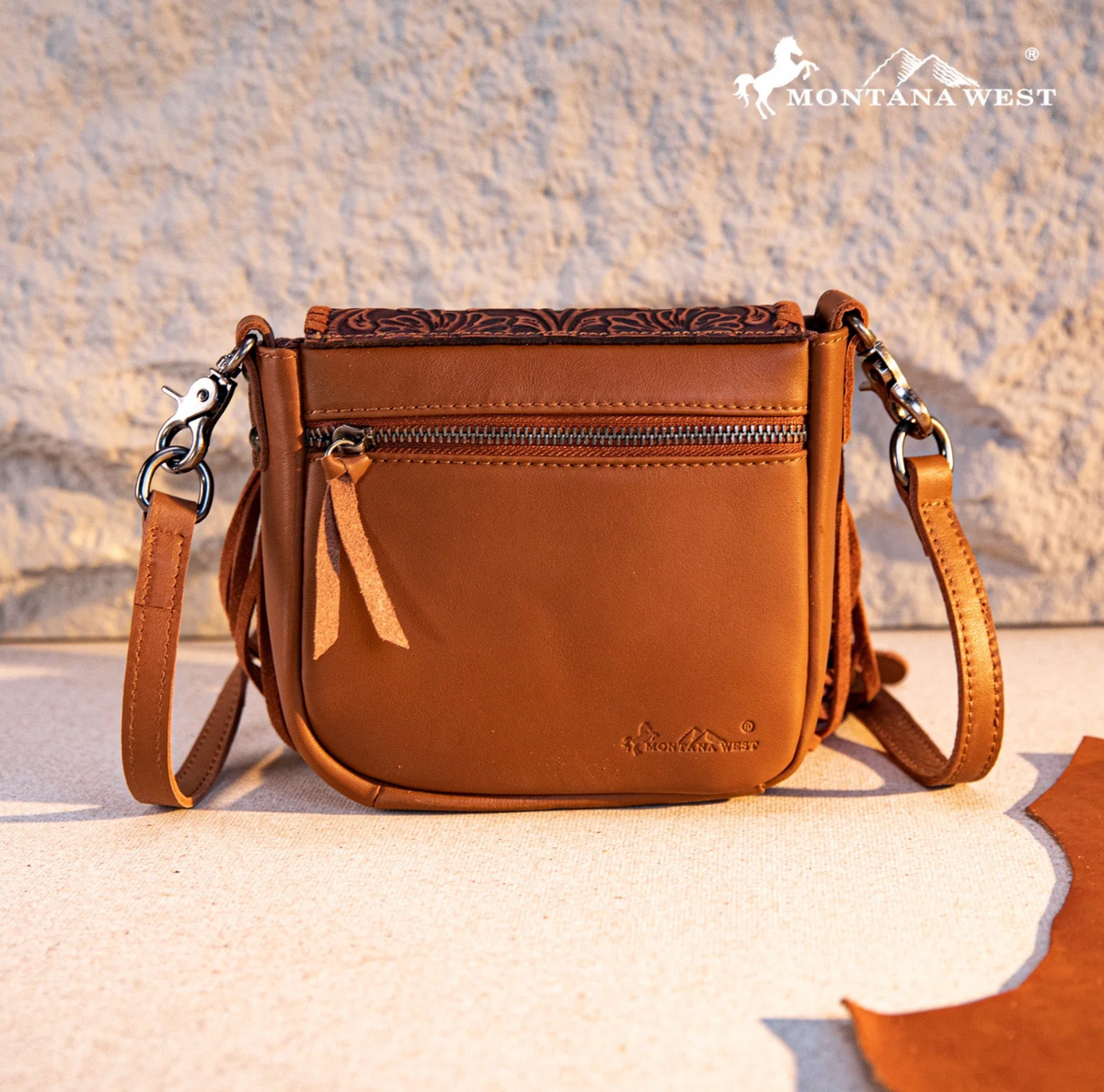 Montana West Genuine Leather Tooled Fringe Crossbody - Brown