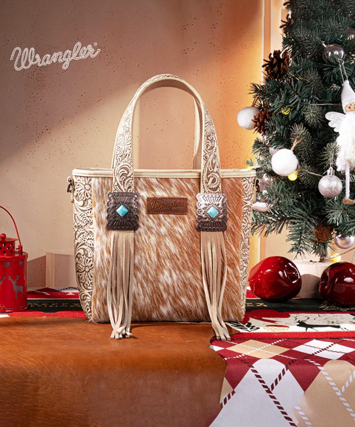 Wrangler Cowhide Fringe Concealed Carry Purse - Tan
