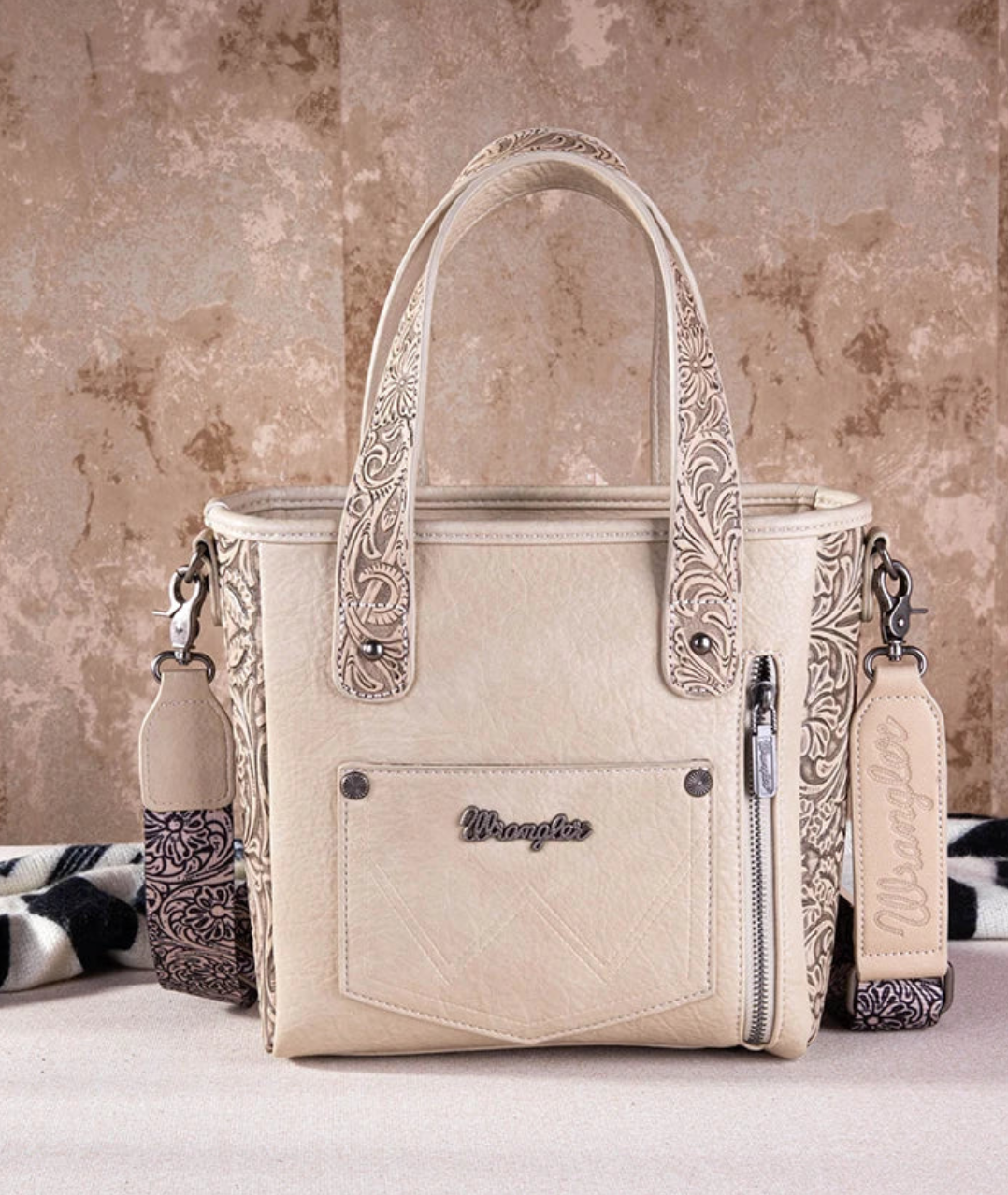 Wrangler Cowhide Fringe Concealed Carry Purse - Tan