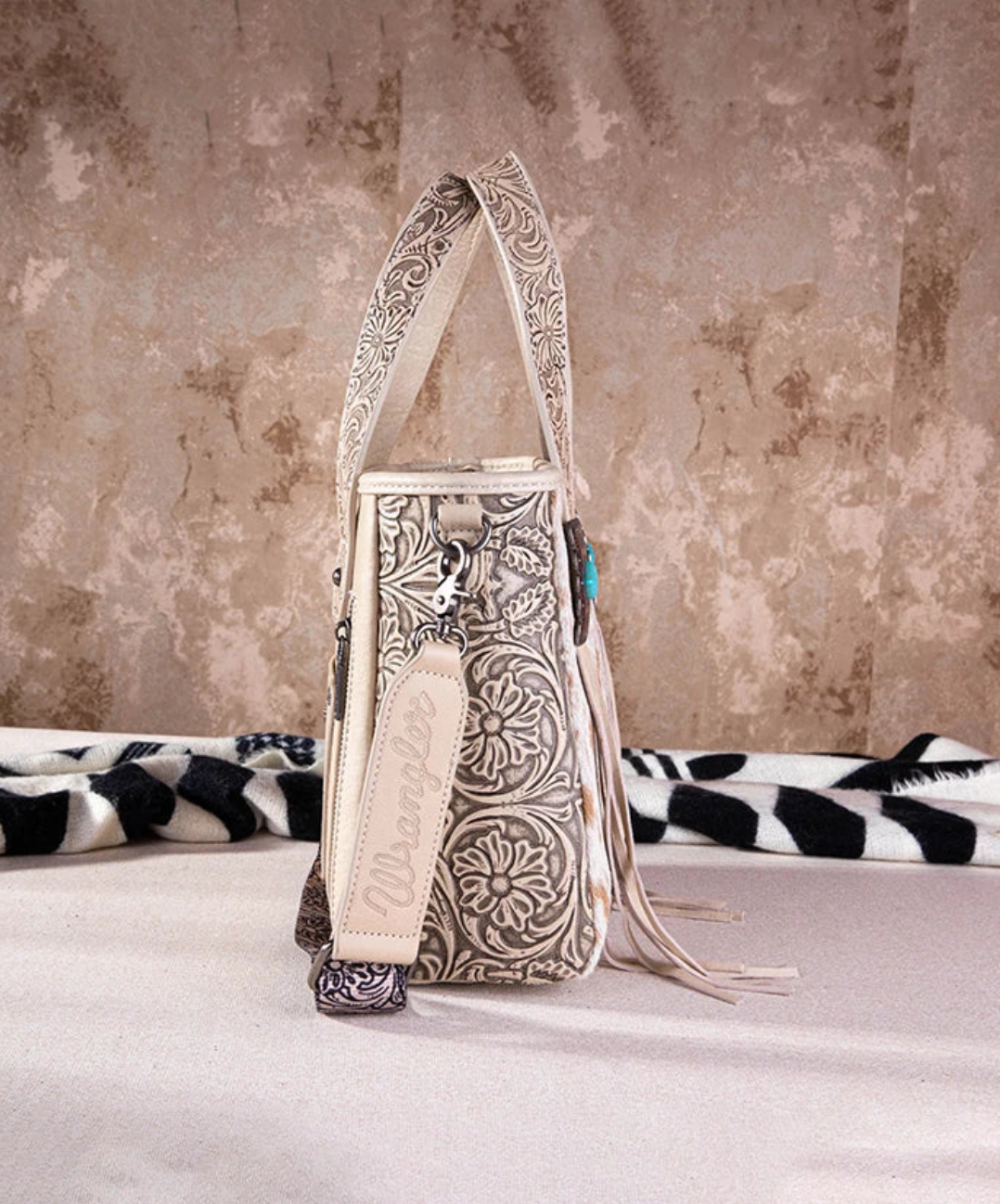 Wrangler Cowhide Fringe Concealed Carry Purse - Tan