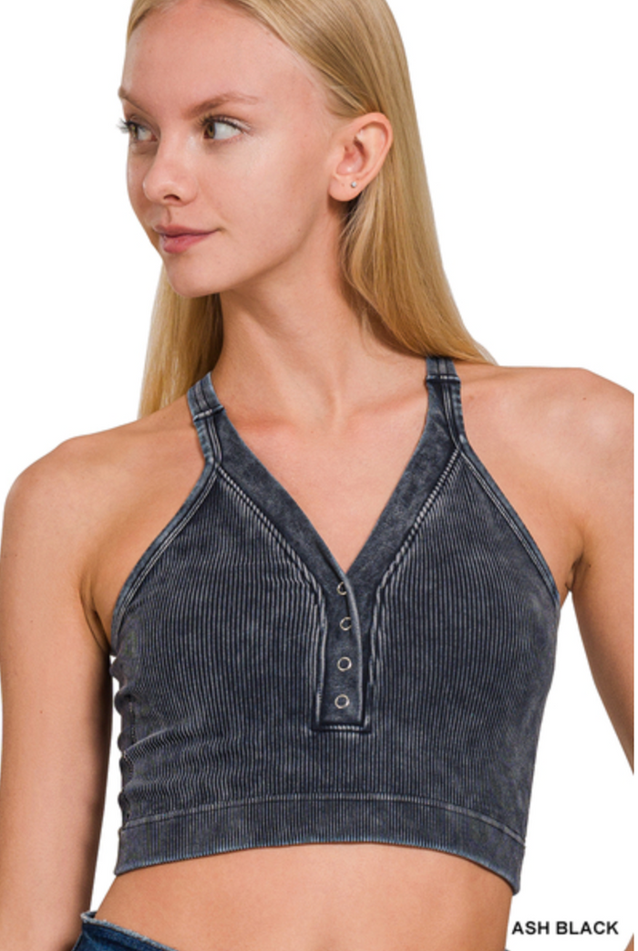 Washed Ribbed Seamless Henley V-Neck Brami - Ash Black