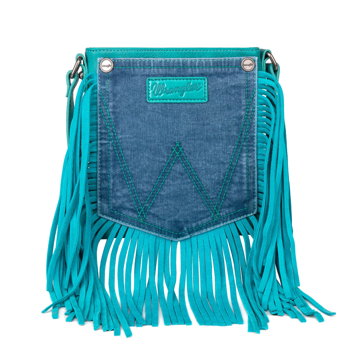 Wrangler Leather Fringe Jean Denim Pocket Crossbody - Teal