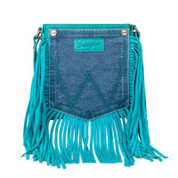 Wrangler Leather Fringe Jean Denim Pocket Crossbody - Teal