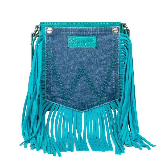 Wrangler Leather Fringe Jean Denim Pocket Crossbody - Teal