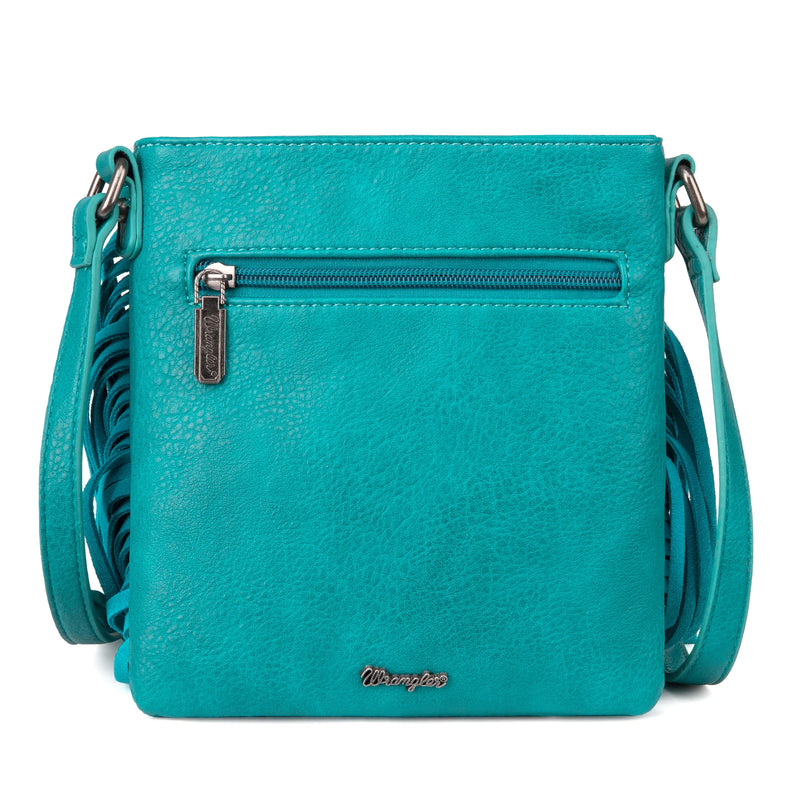 Wrangler Leather Fringe Jean Denim Pocket Crossbody - Teal