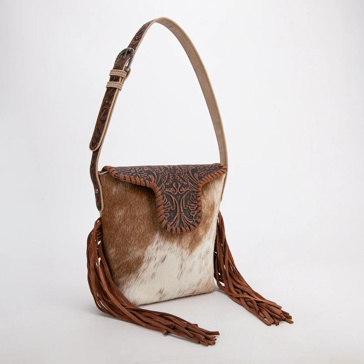 Trinity Ranch® Genuine Hair-On Cowhide Tooled Fringe Shoulder Bag