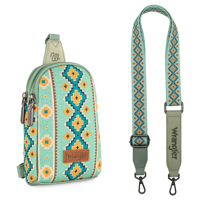 Wrangler Aztec Print Crossbody Sling Chest Bag - Mint