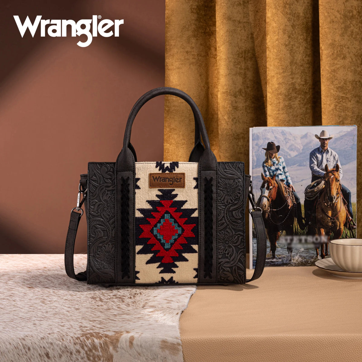 Wrangler Tooled Aztec Pattern Print Concealed Carry Tote/Crossbody -Black