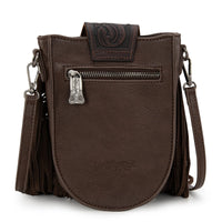 Trinity Ranch Genuine Hair-On Cowhide Tooled Fringe Crossbody Bag- Coffee