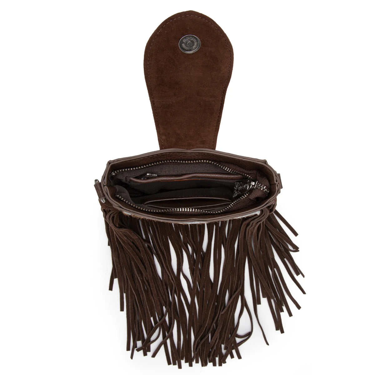 Trinity Ranch Genuine Hair-On Cowhide Tooled Fringe Crossbody Bag- Coffee