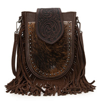 Trinity Ranch Genuine Hair-On Cowhide Tooled Fringe Crossbody Bag- Coffee