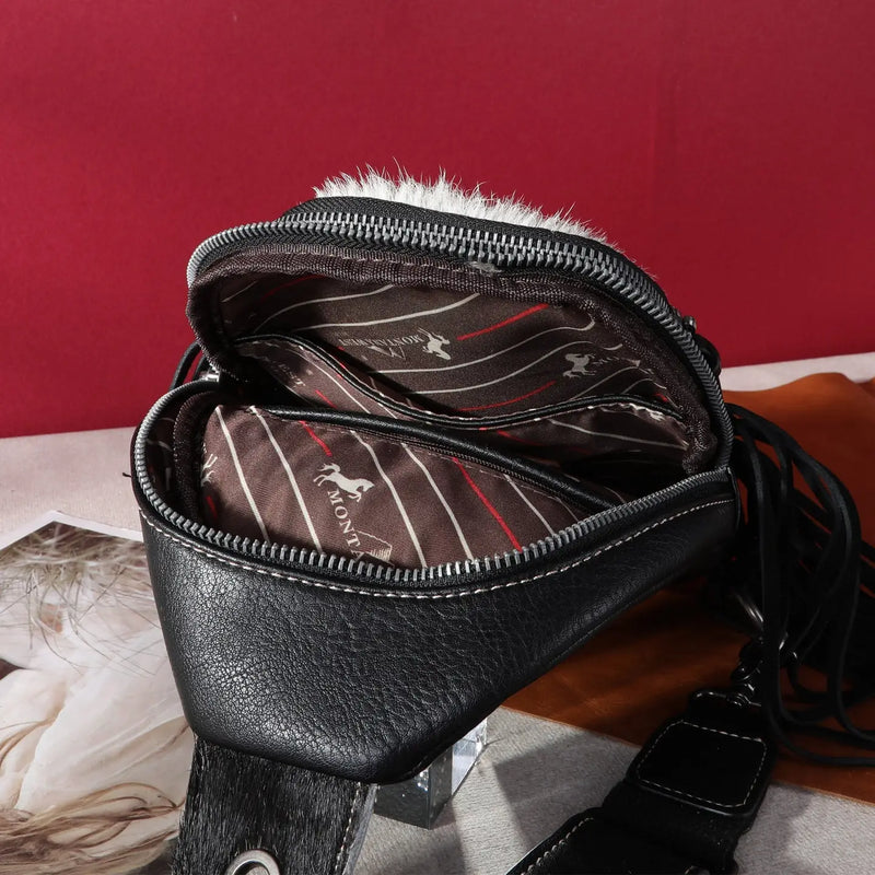 Genuine Hair-On Cowhide Fringe Sling Bag - Mocha