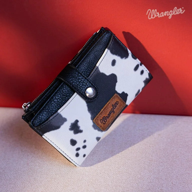 Wrangler Wallet for Women Bifold Card Holder with Zipper Black Cow Print