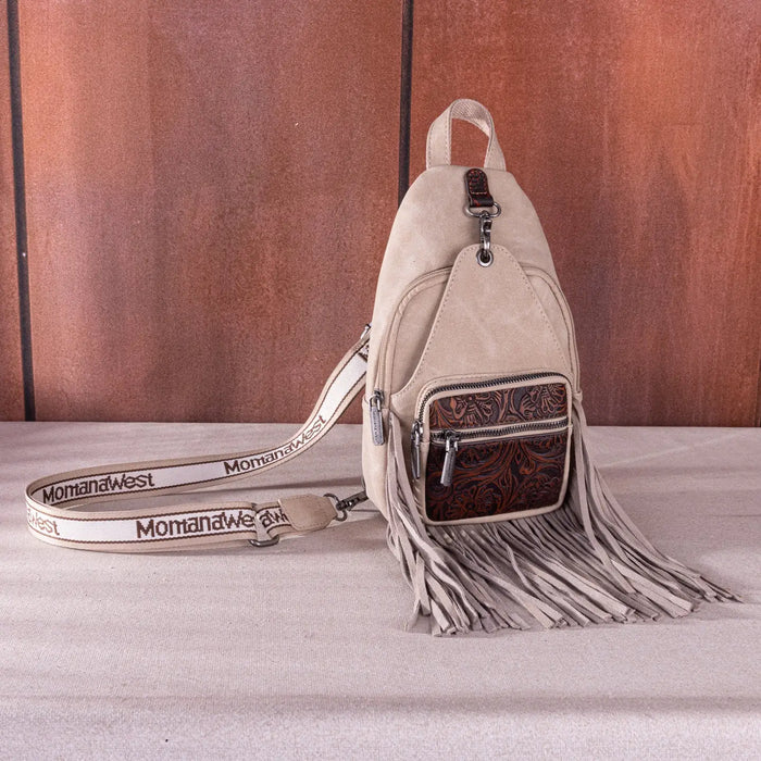 Tooled Fringe Sling Bag - Tan