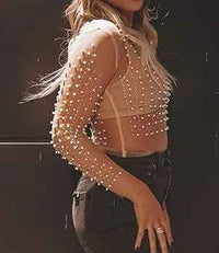 Bead & Pearl embellished long sleeves mesh top - Nude