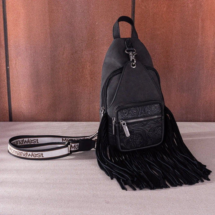 Tooled Fringe Sling Bag - Black