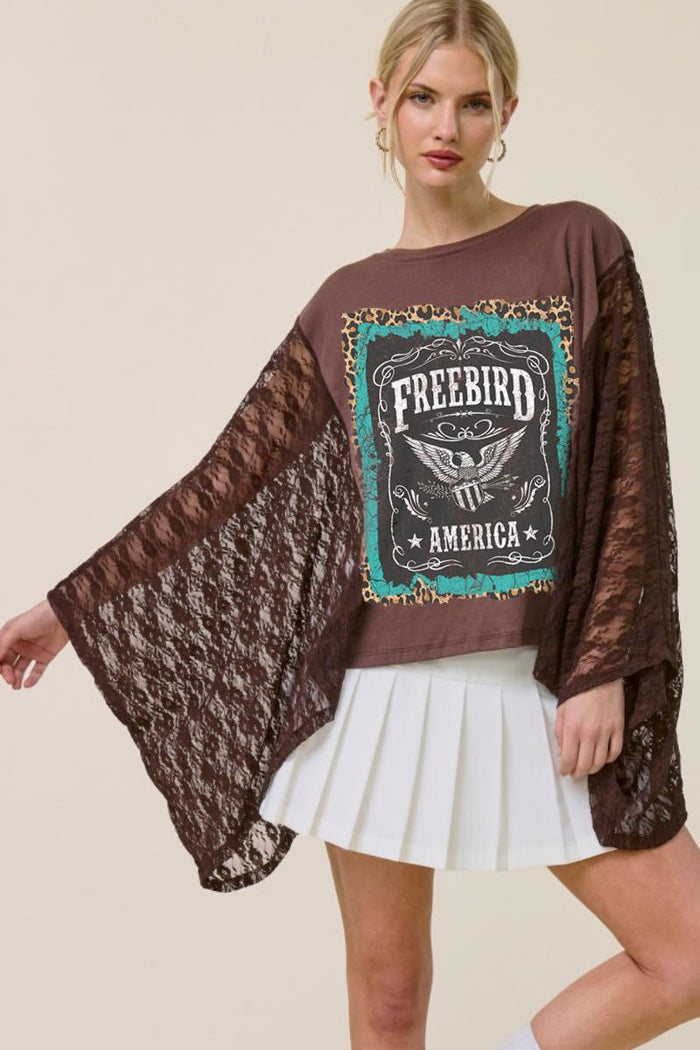Edgy Lace Scarf Tee  - mocha