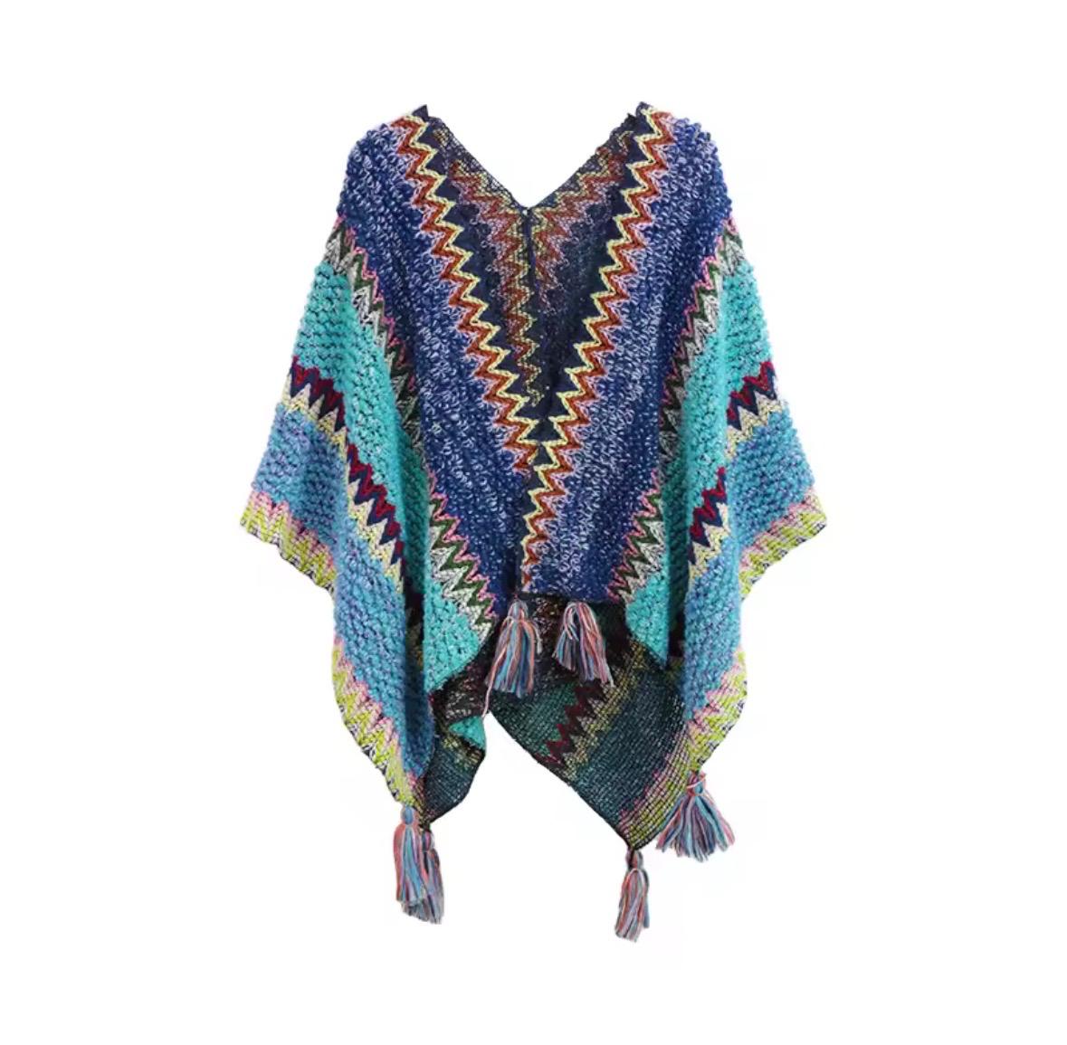 Bailey Blanket Tassel Poncho - Aqua