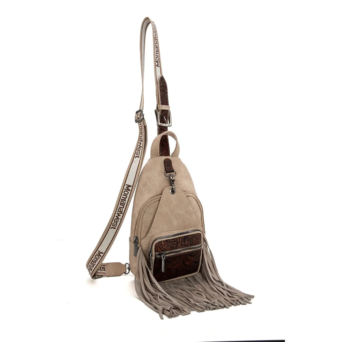 Tooled Fringe Sling Bag - Tan