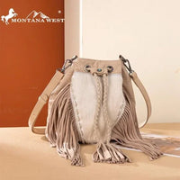 Montana West Hair-On Cowhide Drawstring Crossbody Bucket Bag in Tan