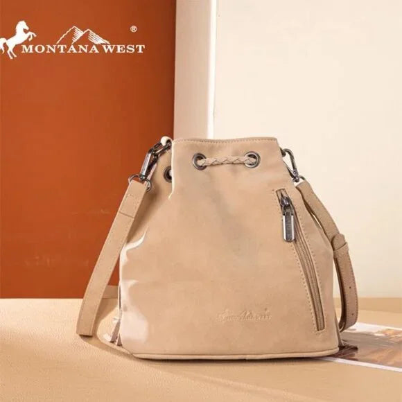 Montana West Hair-On Cowhide Drawstring Crossbody Bucket Bag in Tan