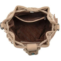 Montana West Hair-On Cowhide Drawstring Crossbody Bucket Bag in Tan