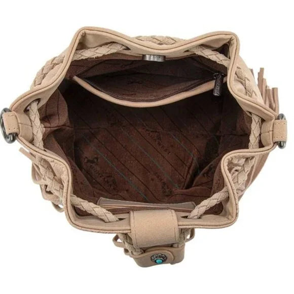 Montana West Hair-On Cowhide Drawstring Crossbody Bucket Bag in Tan