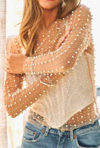 Bead & Pearl embellished long sleeves mesh top - Nude