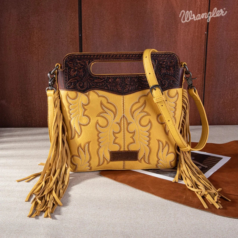 Wrangler Top Handle Boot Scroll Fringe Tote/Crossbody - Mustard