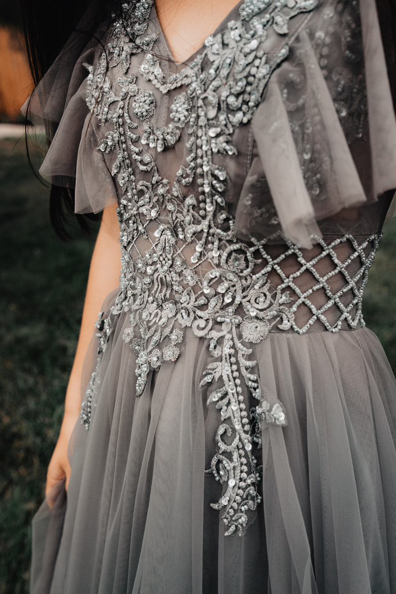 Dusty Gray Boheme Tulle Gown Cierra Lauren Dusty Gray Boheme Tulle Gown Cierra Lauren