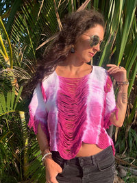 Magenta Dye Effect Open Weave Top