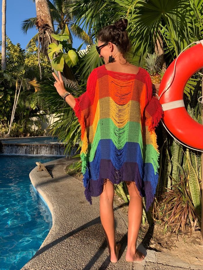Rainbow Vibes Open Weave Long Length Top