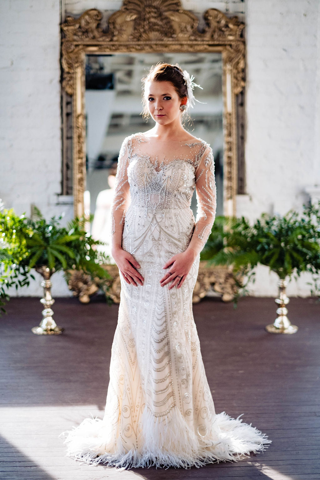 Vintage Inspired Beaded Couture Gown with Feather Detailing